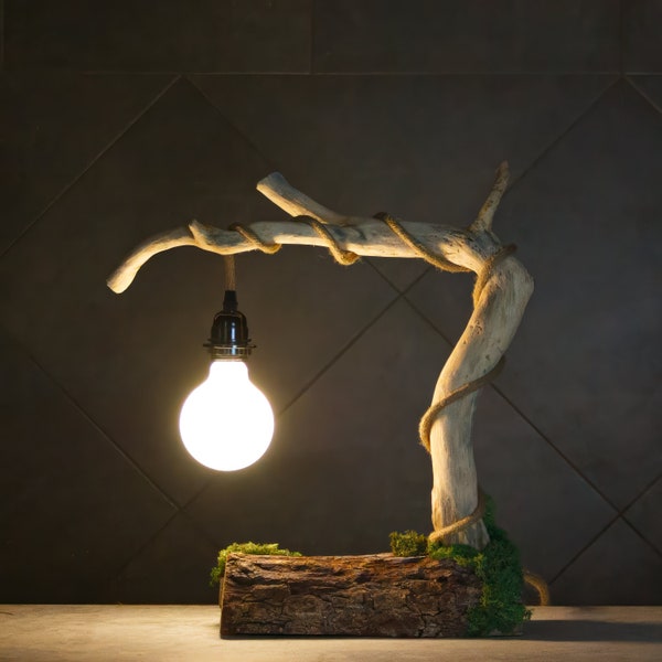 Lampe de table originale faite d'un morceau de bois massif et d'une branche, décorée de mousse stabilisée. Lampe d'art branche. Lampe en bois flotté.