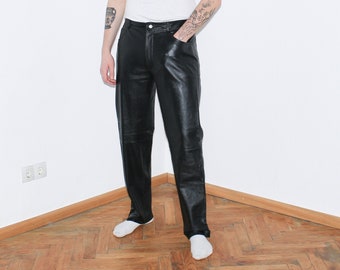 VINTAGE TROUSERS, 90s, Y2K, 00s - Vintage 90s straight leather trousers in black