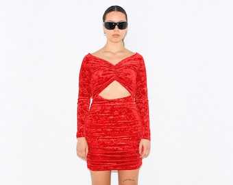 VINTAGE DRESS, 90s, Y2K, 00s - Vintage Y2K star print velvet party mini dress in red