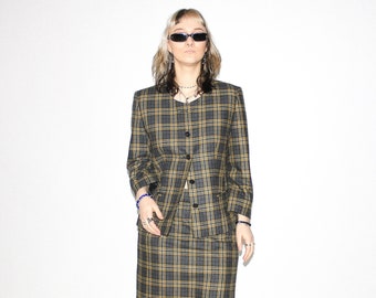 VINTAGE CO-ORDS 90s, Y2K, 00s - Vintage Y2K plaid skirt set formal co-ords in grey / yellow