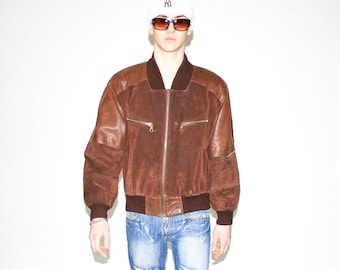 VINTAGE LEATHER JACKET, 90s, Y2K, 00s - Vintage 90s suede leather bomber jacket in brown