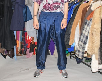 VINTAGE JOGGERS, jaren 90, Y2K, 00s - Vintage jaren 90 rechte glanzende broek in marineblauw