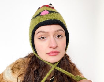 VINTAGE HAT, 90s, Y2K, 00s - Vintage 90s TMNT funny beanie in green