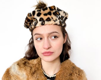 VINTAGE HAT, 90s, Y2K, 00s - Vintage 90s leopard print beret in beige