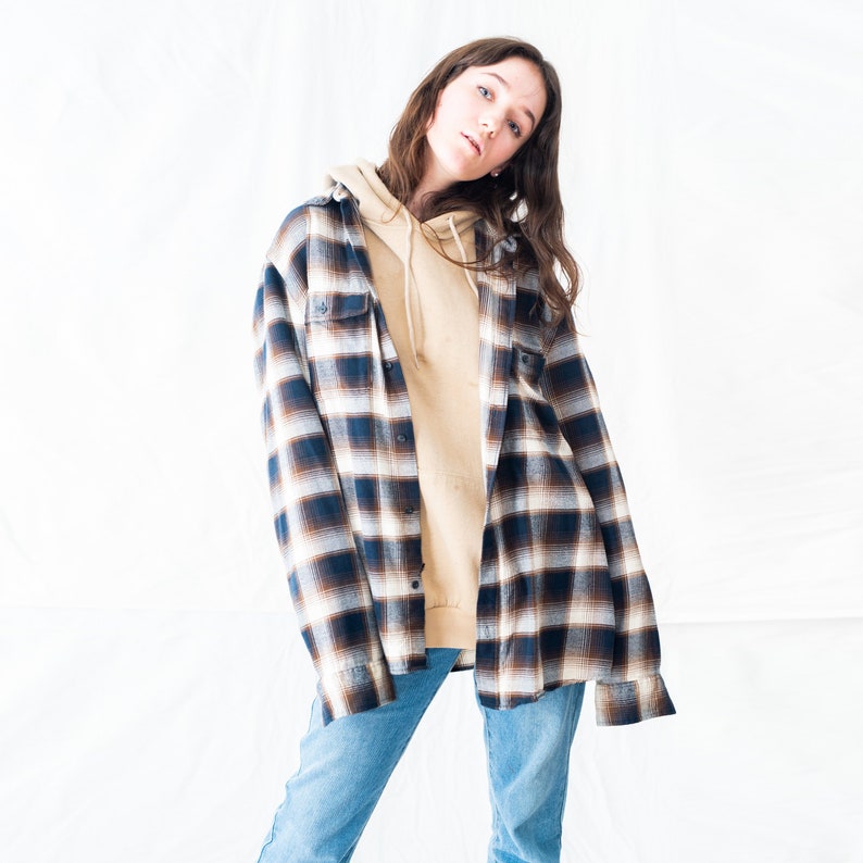 Vintage 90s oversized plaid shirt in beige