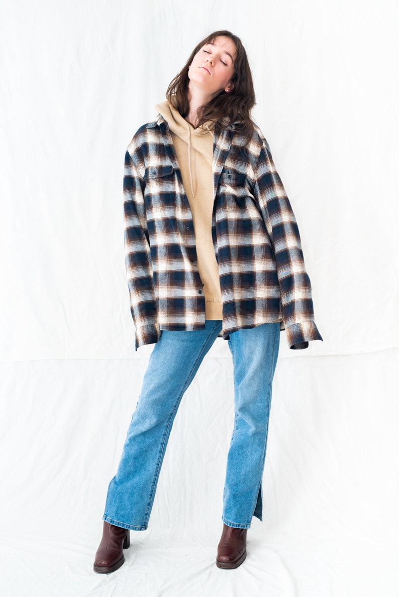 Vintage 90s oversized plaid shirt in beige