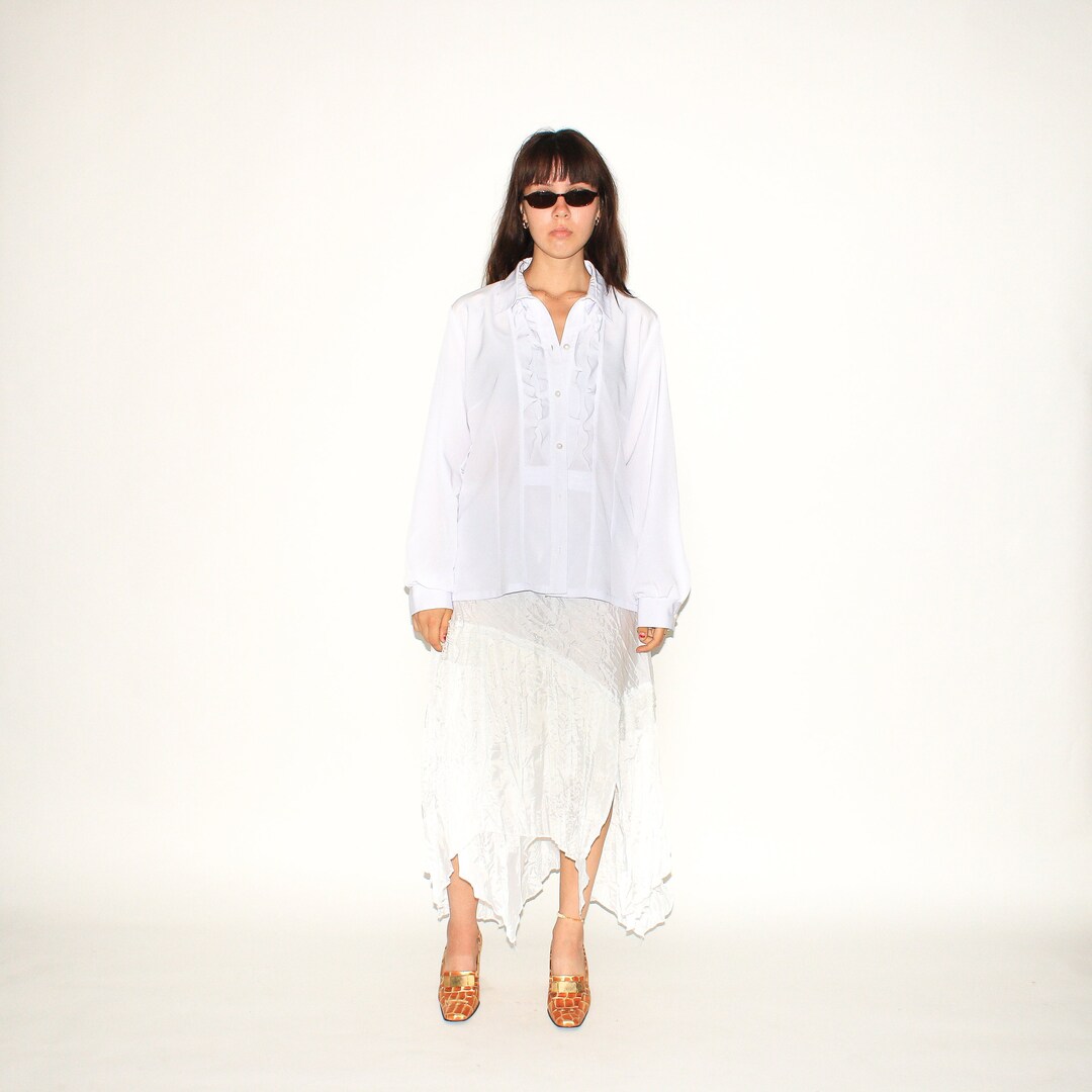 VINTAGE BLOUSE - Vintage 90s Ruffle Blouse in Light Blue - Etsy