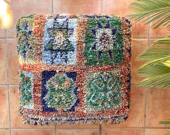 Vintage Berber Pouf moroccan Kelim Floor Pillow Autumn Wool square Ottoman Primitiv Tribal Geometric Green Blue Rust Ice Lightblue
