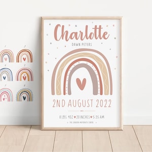 Personalisierter Regenbogen-Geburtsdaten-Druck für Neugeborene, Regenbogen-Geburtsdaten mit individuellem Namen, Regenbogen-Geburtsanzeige-Poster für Mädchen oder Jungen