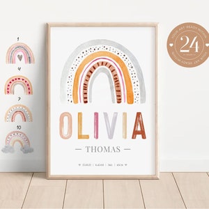 Impresión personalizada de estadísticas de nacimiento de bebé nuevo arcoíris, Póster de nacimiento de acuarela bohemio pastel para recién nacido para niña, Arte de pared de guardería, Anuncio de nacimiento