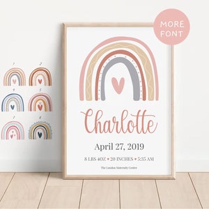 Personalised Birth stats Poster Newborn Baby gift Print Girl Boy Custom Name Print, Birth Announcement, Rainbow pink blue Baby Gift Wall Art