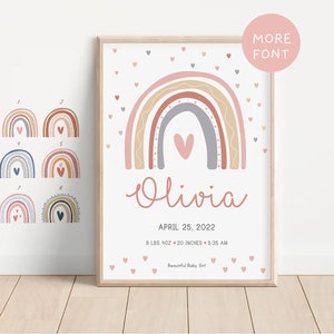 Estadísticas personalizadas de nacimiento del bebé arco iris recién nacido imprimen regalo para niña/niño, signo de estadísticas de nacimiento personalizado, decoración de la pared de la guardería, póster de detalles del nacimiento