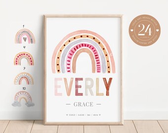 Personalized Boho Rainbow Birth Stats Print, Baby Girl Gift (Digital Download)