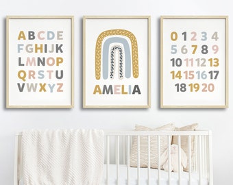 Personalized Muted Tone Baby name Rainbow Set, Custom ABC, 123 ABCD Poster, Nursery Print, Alphabet Poster, Kid's Wall Art, Digital Print