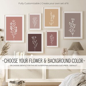 Set of 6 Flower line art printable Wall Art Botanical Wildflower Illustration Neutral Boho Terracotta Modern wall art Print DIGITAL DOWNLOAD