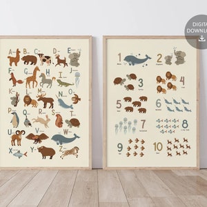 Boho Animal Alphabet and Numbers Print, ABC and Numbers Poster, Educational PRINTABLE, ABC Poster, Kids Room Decor,  Nursery Boho Wall Decor