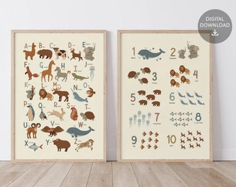 Impression de chiffres alphabet animaux bohèmes, décoration de chambre d'enfants (imprimable)