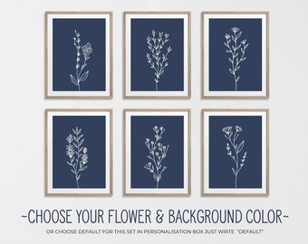 Custom Blue Botanical line Art Set of 6 Print Floral Wall Art, Wildflower Navy Blue Wall Art, Indigo Blue floral Decor, Botanical Print Set