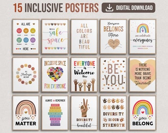 15 Diversity Inclusion Classroom Posters School Counselor Office, Inclusive sign Decor Equality Posters LGBTQ Social workers safe Space Sign