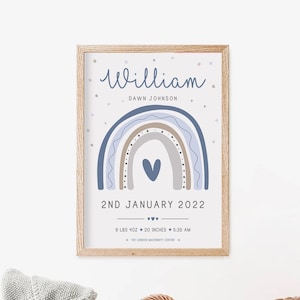 Personalised New Baby boy Birth Stats Print, Rainbow Custom Name, Blue Rainbow wall art, Boy Birth Announcement, Personalised Baby boy Gift