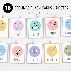 16 tarjetas de emociones imprimibles, tarjetas de sentimientos, tarjetas de emociones y sentimientos, materiales Montessori, descarga digital de carteles de emociones