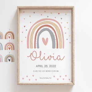 Las estadísticas personalizadas del nacimiento del bebé del arco iris firman la impresión personalizada de la impresión del nacimiento del recién nacido para las niñas o los niños nombre regalo para la decoración de la pared de la guardería, arte digital