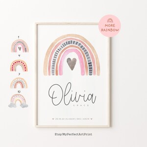 Personalisierter Regenbogen-Baby-Geburtsstatistik-Druck, individueller Babyname, Geburtsanzeige für Neugeborene, gedämpfte Regenbogen-Babykunst, personalisiertes Geschenk zur Geburt eines neuen Babys