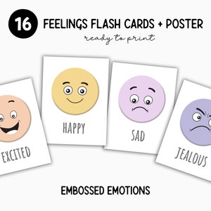 16 flashcards de emoções em relevo para impressão, flashcards de sentimentos, cartões de emoções e sentimentos, materiais Montessori, pôster educacional de emoções