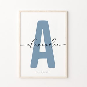 Impressão inicial personalizada, impressão de nome personalizado, presente para crianças, nome inicial do berçário, impressão de nascimento de novo bebê, presente para bebê, decoração digital de quarto infantil