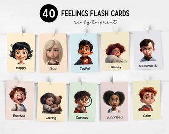 40 Photo Emotion Flashcards Printable, Feelings Flashcards, Pastel color Emotions and Feelings cards, Montessori Materials, Digital Download