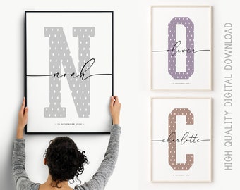 Custom initial print, Custom Name Print, custom kids gift print, Nursery Initial Name, New Baby Birth Print, Baby Gift, Kids BedRoom Decor