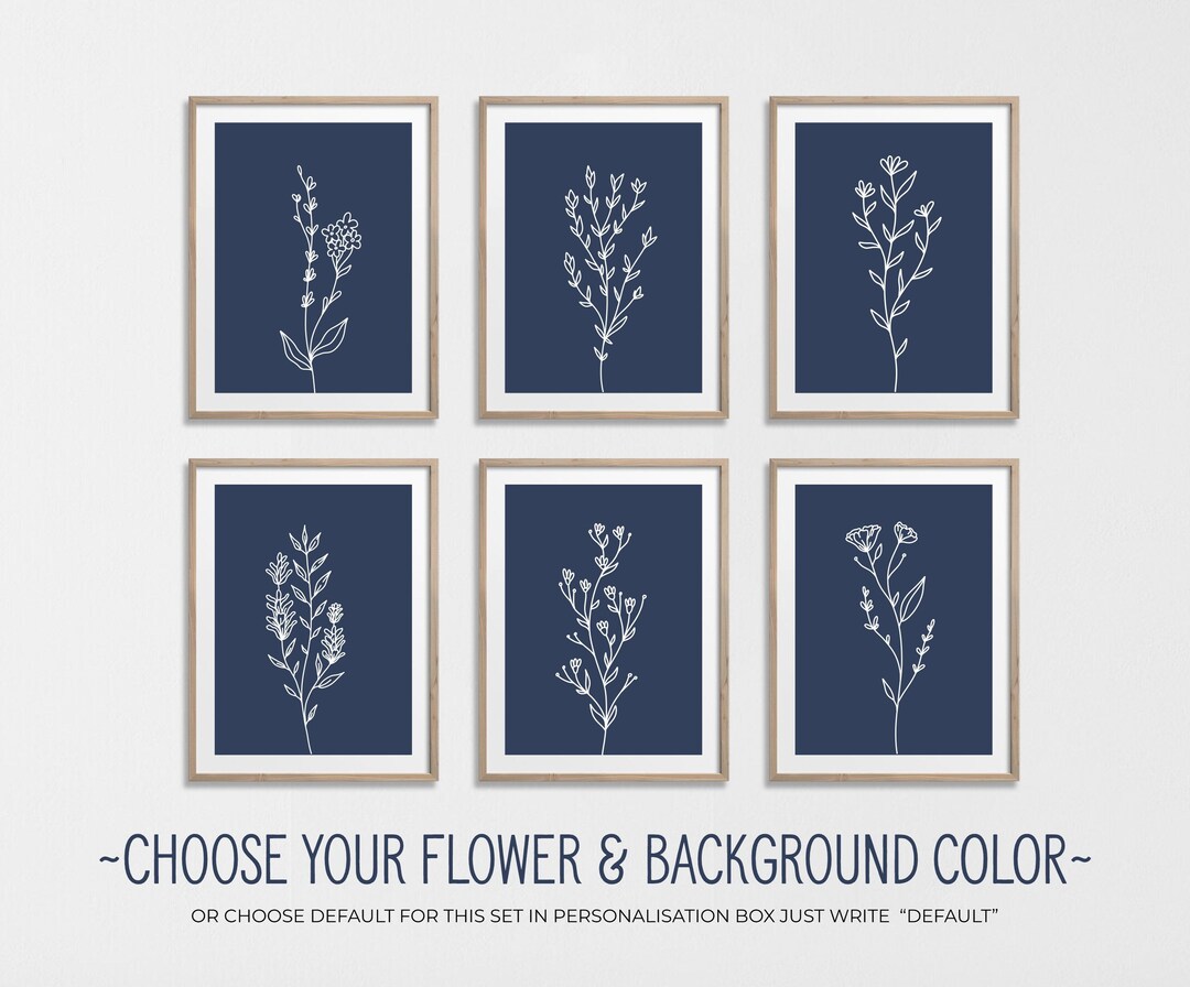 Custom Flower Blue Botanical Line Art Print Set (instant Download) - Etsy