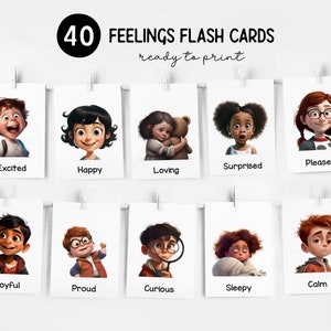 40 flashcards de emoções fotográficas para impressão, flashcards de sentimentos, cartões de emoções e sentimentos em cores pastel, materiais Montessori, download digital