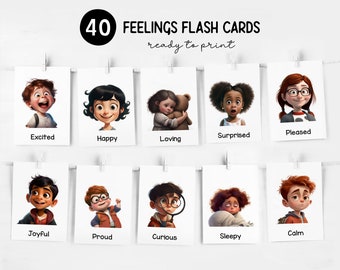 40 Photo Emotion Flashcards Printable, Feelings Flashcards, Pastel color Emotions and Feelings cards, Montessori Materials, Digital Download