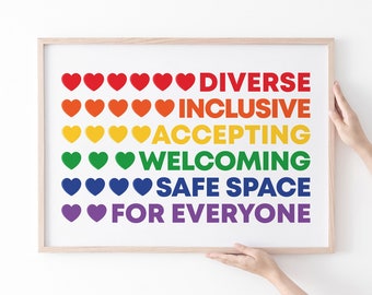 Diverse Inclusive Safe Space For Everyone Rainbow Diversity Quote LGBTQ Flag Inclusion Wall Art Social Worker Equality Safe Space Sign Desk