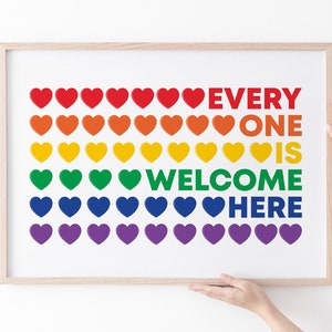 Todos são bem-vindos, inclusive igualdade, arte de parede, pôster de sala de aula, sinal de diversidade, conselheiro para impressão, espaço seguro, mesa, escritório, orgulho lgbtq
