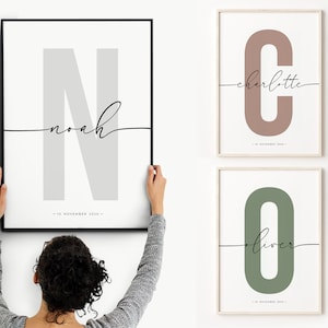 Impresión inicial personalizada, impresiones de nombres personalizados, impresión de regalo personalizada para niños, nombre inicial de la guardería, nueva impresión de nacimiento del bebé, regalo del bebé, decoración del dormitorio de los niños