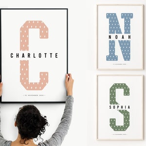 Impresión inicial personalizada, impresiones de nombres personalizados, impresión de regalo personalizada para niños, nombre inicial de la guardería, nueva impresión de nacimiento del bebé, regalo del bebé, decoración del dormitorio de los niños