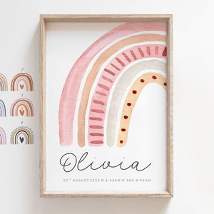 Impresión personalizada de estadísticas de nacimiento de recién nacido, Regalo de arco iris rosa bohemio para niña, Regalo de bautizo, Impresión de detalles de nacimiento, Nombre de arco iris personalizado