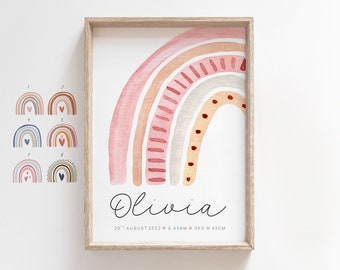 Personalized Boho Rainbow Birth Stats Print, Baby Girl Gift (Digital Download)