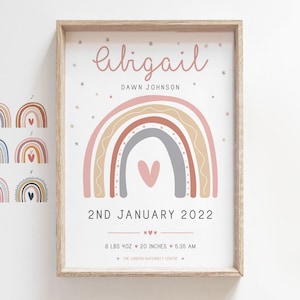Anuncio de nacimiento de bebé recién nacido, Impresión de estadísticas de nacimiento de arco iris para niña, Regalo de bebé personalizado, Detalles de nacimiento de bebé personalizados, Arte de pared imprimible