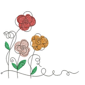 May include: A simple line drawing of three flowers with green leaves and stems. The flowers are red, pink, and orange.