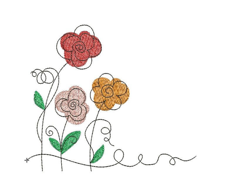 May include: A simple line drawing of three flowers with green leaves and stems. The flowers are red, pink, and orange.