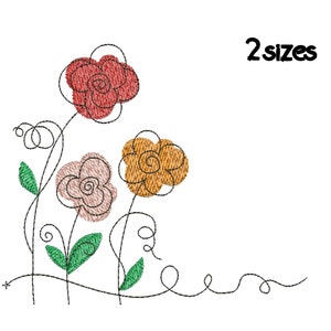May include: Embroidery design featuring three stylized flowers in red, orange, and pink with green leaves and black stems. The design includes the text "2 sizes".