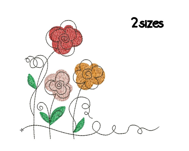 May include: Embroidery design featuring three stylized flowers in red, orange, and pink with green leaves and black stems. The design includes the text "2 sizes".