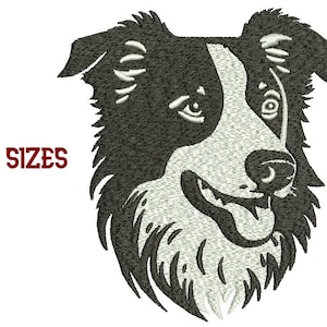 Może przedstawiać: Wzór haftu głowy psa rasy border collie w kolorze czarnym i białym. Pies ma przyjazne wyrażenie twarzy z wystającym językiem.