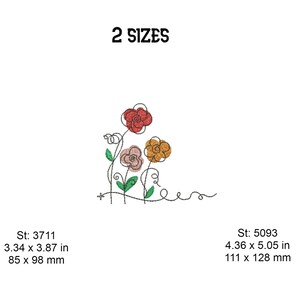 May include: Embroidery design of a floral arrangement with three flowers in red, orange, and pink. The design is available in two sizes: 3.34 x 3.87 inches (85 x 98 mm) and 4.36 x 5.05 inches (111 x 128 mm).