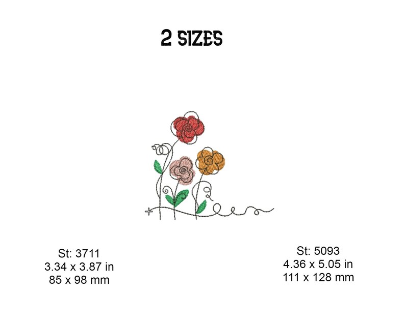 May include: Embroidery design of a floral arrangement with three flowers in red, orange, and pink. The design is available in two sizes: 3.34 x 3.87 inches (85 x 98 mm) and 4.36 x 5.05 inches (111 x 128 mm).