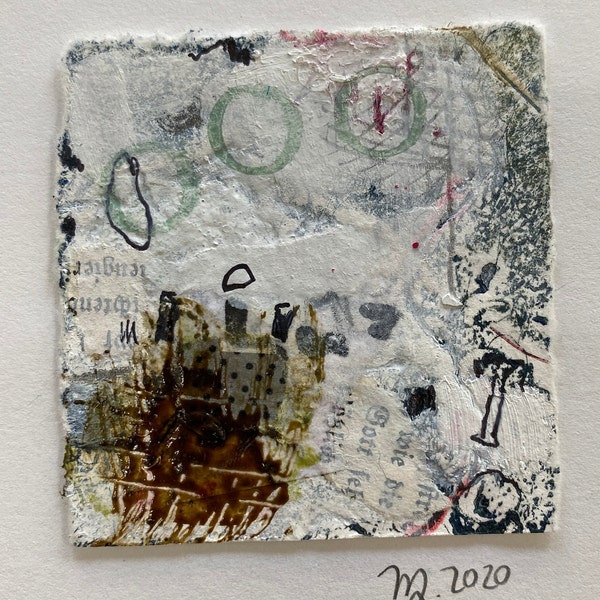 Collage abstrakt auf Papier, Original Kunst, gerahmt in Echtholzwechselrahmen mit Glas, 15 x 15 cm, Zeitgenössisch- direkt vom Künstler