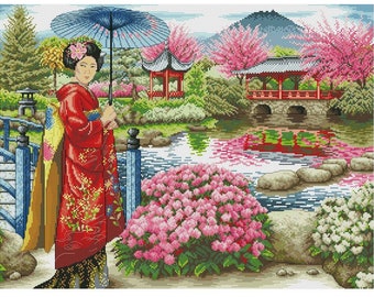 Japanese Garden Cross Stitch Pattern | Geisha Cross Stitch Pattern | Instant Download PDF